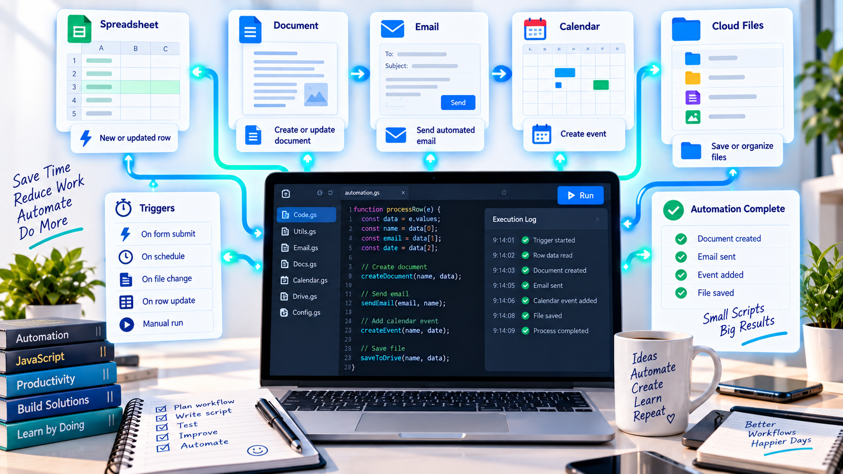 Google Workspace automation workflow connecting Sheets Docs Gmail and Drive