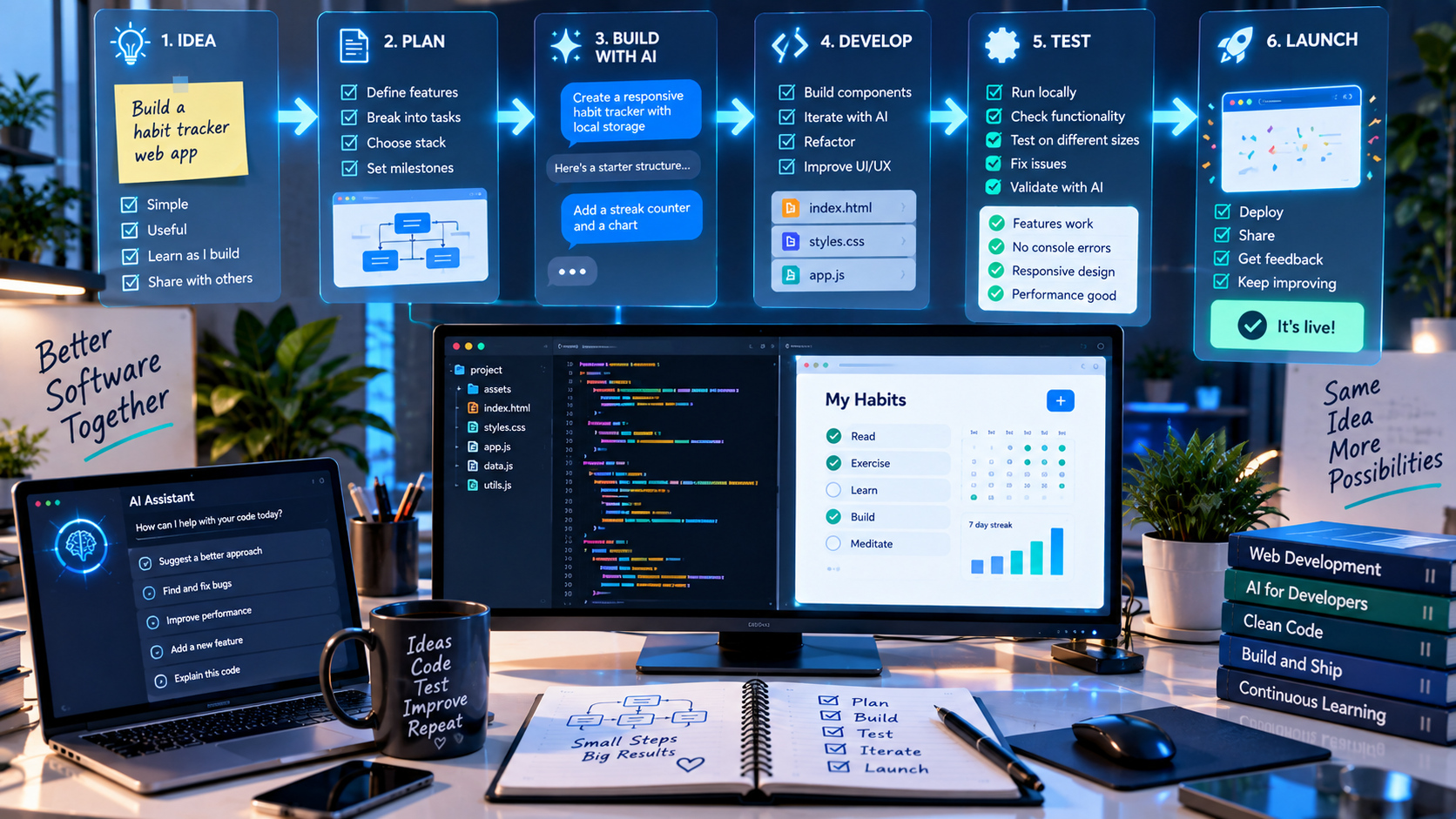 Developer collaborating with an AI coding assistant at a modern workstation