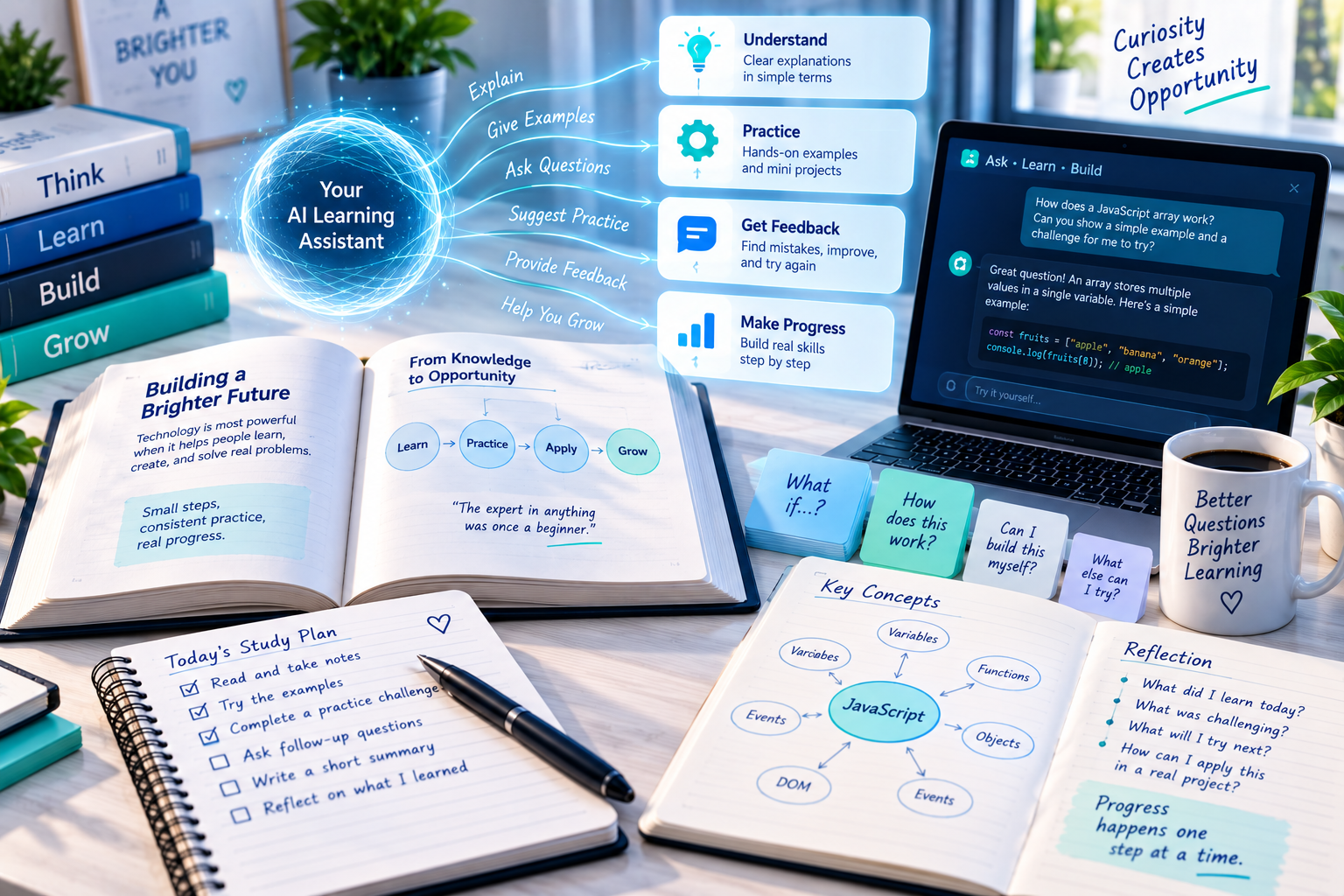 Human-centred AI learning workspace with notes questions and reflection