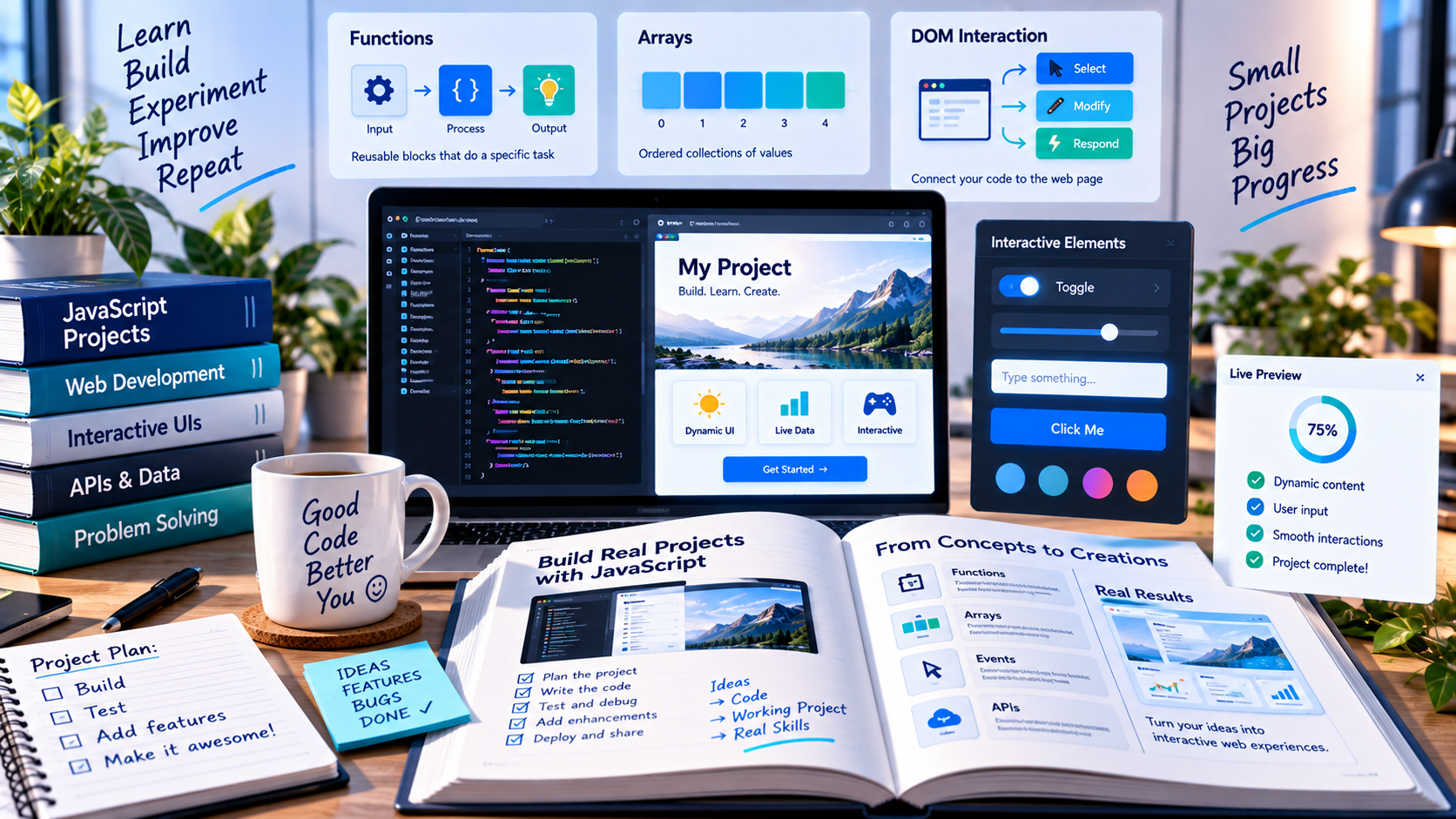 JavaScript learning book beside an interactive browser project