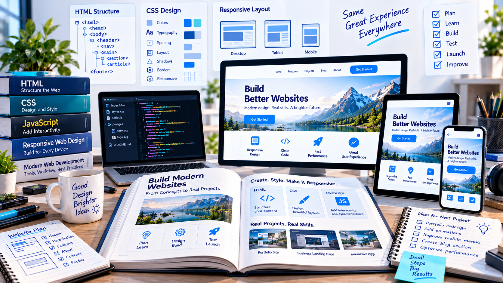 Modern web development book with responsive layouts and code examples