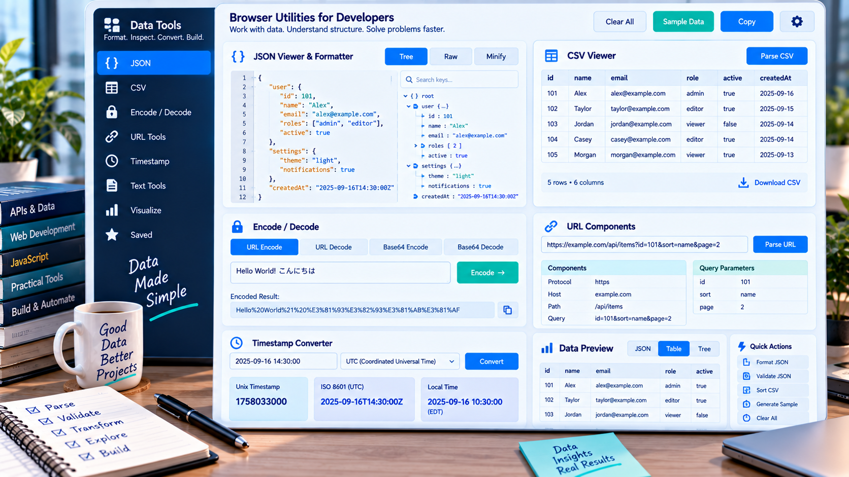 Developer formatting JSON CSV and structured data in a browser tool