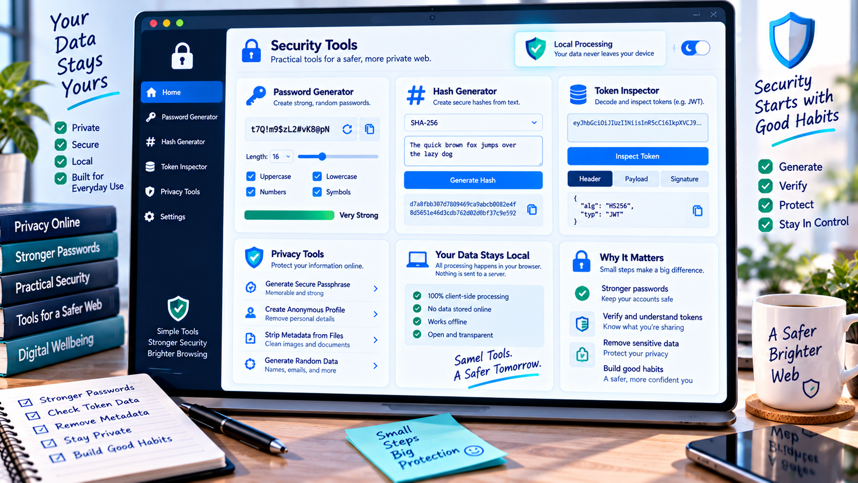 Browser security utility showing hashes passwords tokens and privacy controls